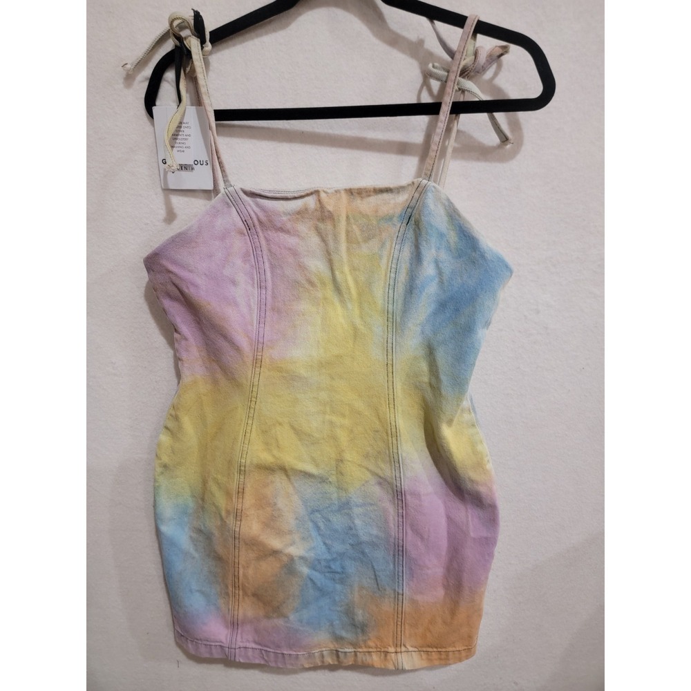 Glamorous Multi Tie-Dye Denim Mini Dress Spaghetti Tie Strap Women's Size L NWT